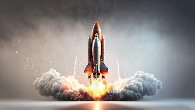 Spaceship takes off into the night sky on a mission. Launch of a Spaceshipl rocket. generative ai, Successful start concept.