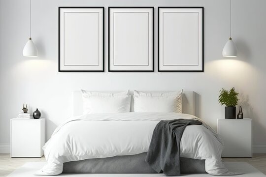 Three blank horizontal posters hang over a white bed in the bedroom. Clipping path around poster frame, isolated. Generative AI