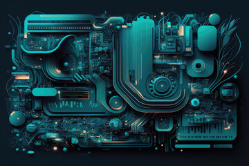 Fototapeta premium Glitchy abstract circuit board with varying shades of blue and neon accents, evoking a sense of digital chaos, generative ai