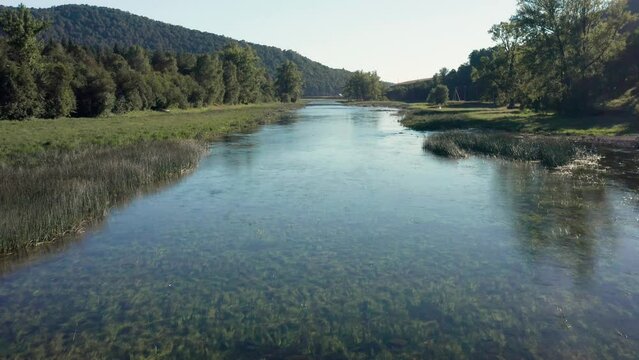 Southern Urals, mountain river Zilim near the Kinderlin cave. Aerial view.