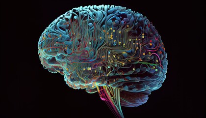 Technology building a brain structure, black background ,Generative AI