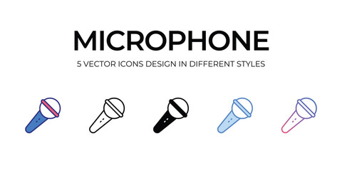 microphone Icon Design in Five style with Editable Stroke. Line, Solid, Flat Line, Duo Tone Color, and Color Gradient Line. Suitable for Web Page, Mobile App, UI, UX and GUI design.