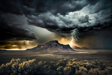 A dramatic and moody stormy sky over a dramatic landscape, with dark clouds and lightning, AI generated illustration