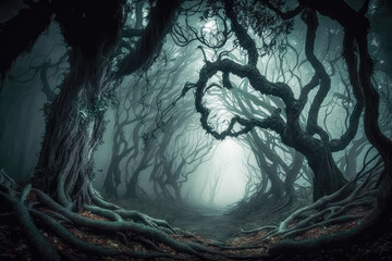 A haunted forest with gnarled and twisted trees, dark shadows and fog, AI generated illustration