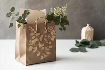Brown and beige paper shopping bag with ivy plant in modern bright room, shopping for creating home comfort. Copy space. Generative AI