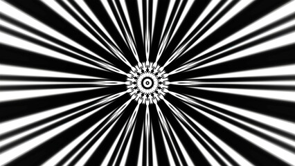 Kaleidoscopic pattern with flashing rays. Motion. Round pattern in center with flashing bright rays on black background. Animated pattern with circles and long flashing ray
