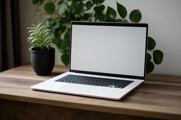 Fototapeta premium Copy space Laptop with blank screen on wood table. Generative AI
