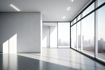 Minimalistic interior with panoramic city view and sunlight on concrete floor. Mock up. Generative AI