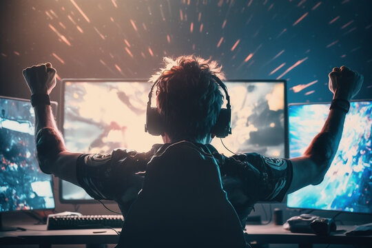 Esports gaming event in stadium, spotlights and large public watching matches.