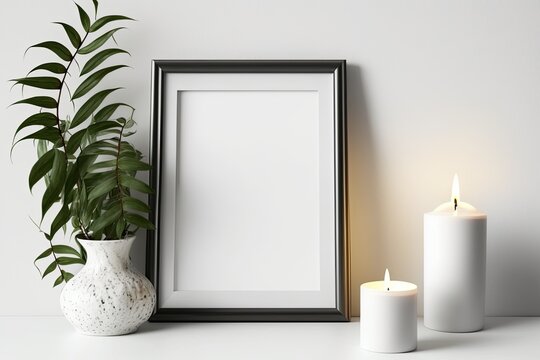 Blank photo frames, candle and houseplant on mantelpiece near white wall. Generative AI
