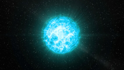 Bright glowing ball with liquid shimmer. Motion. Energy plasma flickers brightly in 3D ball. Shimmering ball of energy in outer space with particles