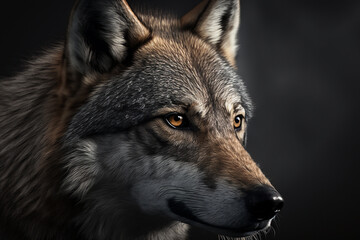 Animal photography wolf hasselblad, close up, dark professional background banner or header with cinematic lightning.