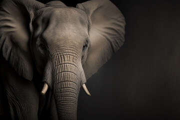 Animal photography elephant hasselblad, close up, dark professional background banner or header with cinematic lightning.