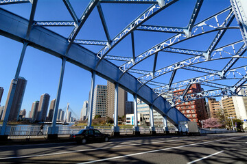 Eitai Bridge , Eitai-bashi, over Sumida river, Chuo-Ohashi suspension bridge on right in...