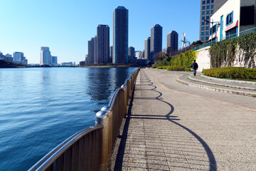 Promenade on the right shore of Sumida River, Nihonbashi-Hakozaki-cho, Chuo-ku, Tokyo, Japan