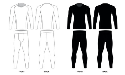 Set of technical drawings of men's rash guard and sweatpants, vector. Superman costume drawing. Long sleeve and leggings sketch for men, front and back view. Vector template of men's underwear.