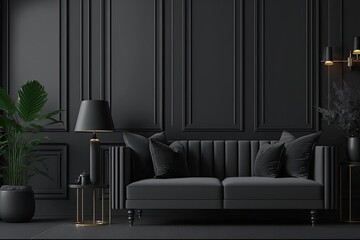 Luxury dark living room interior background, black empty wall mock up, living room mock up, modern living room with gray sofa and black lamp and table, scandinavian style,. Generative AI
