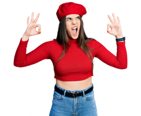 Young brunette teenager doing excellent gesture with hand angry and mad screaming frustrated and furious, shouting with anger. rage and aggressive concept.