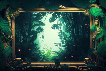 Green jungle landscape background banner illustration.
Empty frame for mock up or picture display.