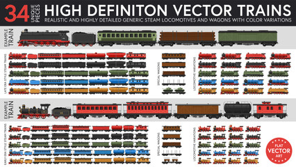 Highly detailed flat vector illustration of a set of generic steam trains from two eras. 34 unique pieces of locomotives and wagons with five color variations. Graphical resources. © David