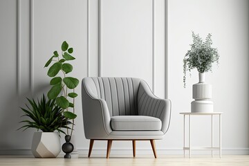 gray chair in mockup's white living room. Generative AI