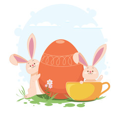 Easter card, hare with egg and hare in a mug, children's card, holiday, congratulations