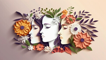 Illustration of face and flowers style paper cut. Woman's Day. Based on Generative AI