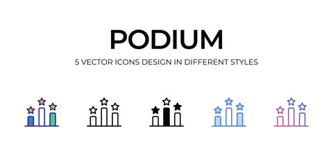 podium Icon Design in Five style with Editable Stroke. Line, Solid, Flat Line, Duo Tone Color, and Color Gradient Line. Suitable for Web Page, Mobile App, UI, UX and GUI design.