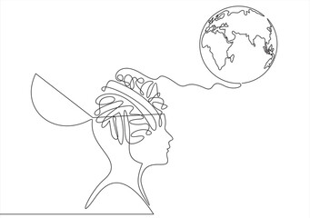 Peace brain concept. Continuous one line drawing of human head with globe inside. Think world.