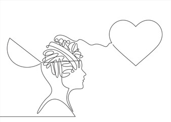 Continuous one line drawing of human head with a hearts. Vector illustration
