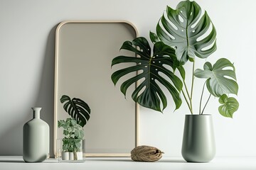 Blank wall with Monstera leaf in vase , Indoor plant mockup. Generative AI