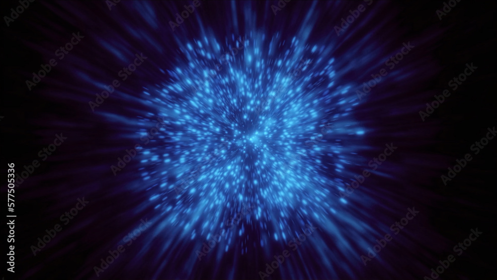 Poster explosive flow of luminous particles in space. motion. stream of luminous particles gathers at point