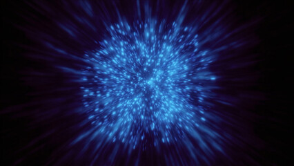 Explosive flow of luminous particles in space. Motion. Stream of luminous particles gathers at point before explosion. Flow of particles before explosion in space