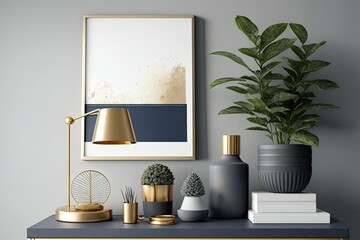 Scandi and design home decor with mock up grey poster frame, navy blue shelf with stylish accessories, lamp and books. Stylish and minimalistic room interior with big plants in gold pot. Generative AI