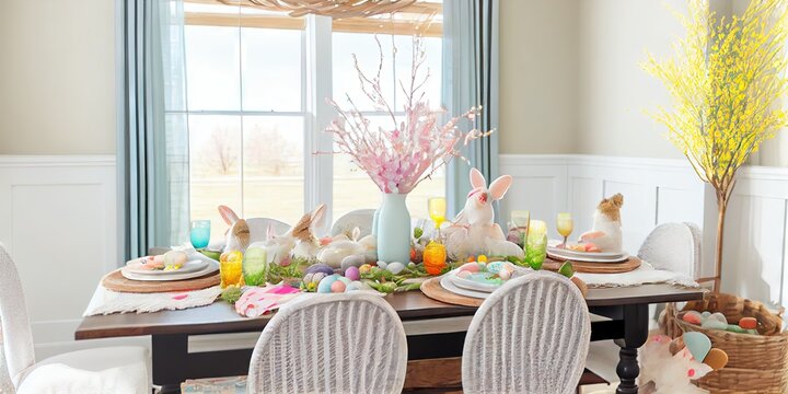 Spring pastel dining room set for the Easter holiday dinner. Bright and airy interior design with dining table and chairs, empty with no people. 