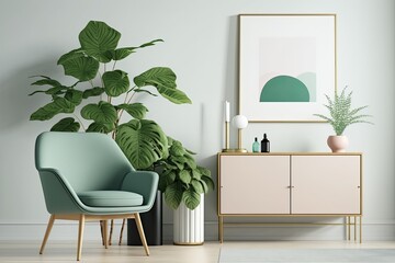 Modern living room with cabinet plant and blank poster picture frame. minimal style concept. Generative AI