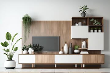 Cabinet and wall for tv in living room, white walls ,. Generative AI