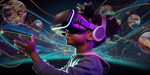 young black child wearing a virtual reality headset. Non-branded VR goggles to showcase the metaverse in action. generative AI technology for photorealism.