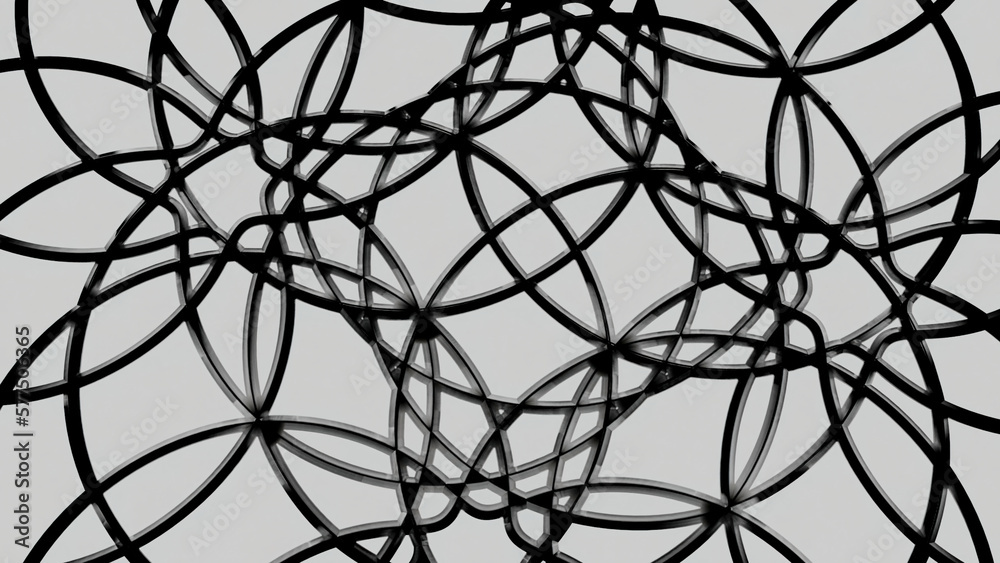 Poster white background. motion.black patterns of circles in the animation that connect and get a kaleidosc