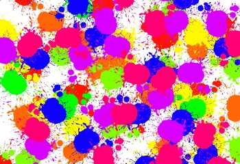 White canvas with yellow, red, orange, green, blue, pink and purple paint drips