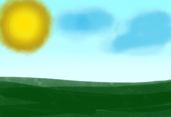 Watercolor sketch style landscape background, happy background with sun, clouds and grass