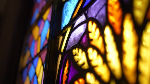 Beautiful Stained Glass details inside Catholic Church Cathedral. Religious art