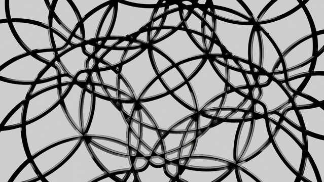 White background. Motion.Black patterns of circles in the animation that connect and get a kaleidoscope effect.