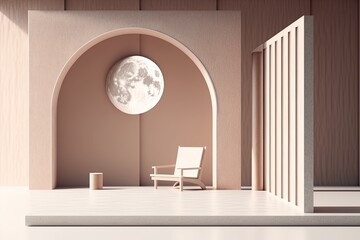 Close up of a wooden panel, an empty room with a traditional colonnade, rosy concrete walls, and a carpet with a chair. Zen inspired minimalist interior design concept, modern architectural model