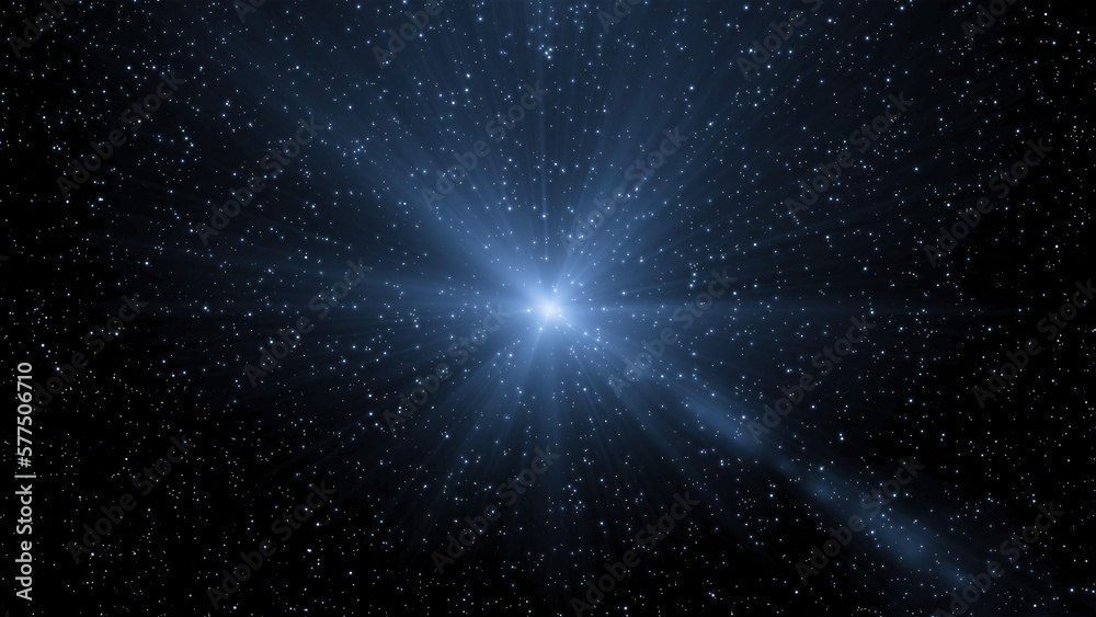 Poster stream of shimmering particles with light in dark space. movement. explosion of shiny particles with