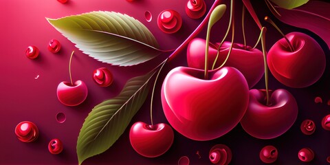 Macro shot of fresh red cherries. Generative AI - obrazy, fototapety, plakaty