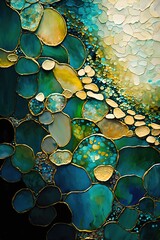 a colorful wall with many different colors of glass on it's side and resin in the middle of the wall and a rainbow colored background with drops of water on the wall and bottom. Generative AI - obrazy, fototapety, plakaty
