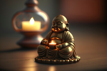 figure or image of Buddha in gold or gold on a wooden table illuminated by candlelight, zen image for relaxation created with Generative AI technology