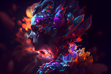 Obraz premium AI-Generated Mindfulness Illustration This stunning illustration features the head of a woman in a purple and orange color scheme, surrounded by crystals, created through the power of AI technology.