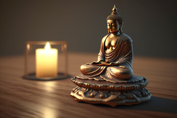 figure or image of Buddha in gold or gold on a wooden table illuminated by candlelight, zen image for relaxation created with Generative AI technology